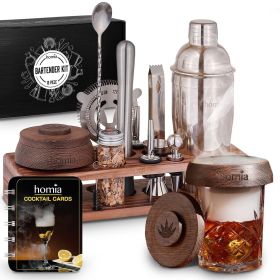 Bartender Kit with Whiskey Smoker 13 pcs Pine Stand Bar Set with Cocktail Shaker Bartending Kit with Essential Bar Accessory Tools Wood Chips Ste