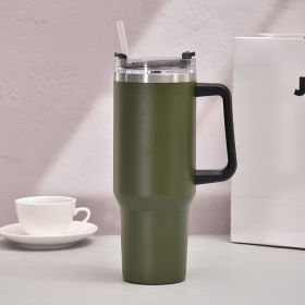 40oz Handle Car Cup with pipette stainless Steel insulated Cold beer cup portable ice cup with handle; Insulated Reusable Leakproof Stainless Ste (Color: Dark green)