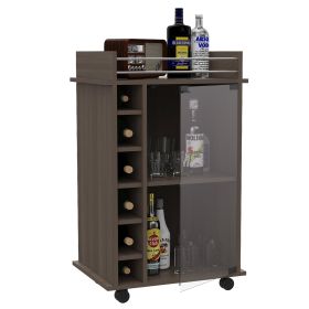Huali Bar Cart, Six Built-in Wine Rack, Glass Door, Four Casters, Two Shelves (Color: Smokey Oak)