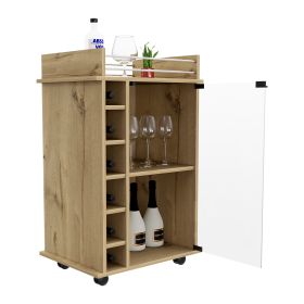 Huali Bar Cart, Six Built-in Wine Rack, Glass Door, Four Casters, Two Shelves (Color: Light Oak)