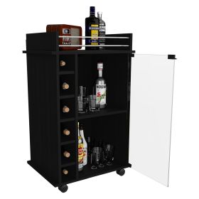 Huali Bar Cart, Six Built-in Wine Rack, Glass Door, Four Casters, Two Shelves (Color: Black)