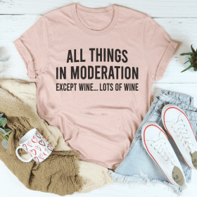 All Things In Moderation Except Wine T-Shirt (Color: Heather Prism Peach, size: XL)