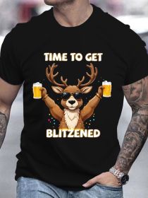 Men's Christmas Deer And Beer 3D Printed T-shirt - Casual Round Neck Short Sleeve, Breathable Polyester Fiber Summer Top (Color: Black, size: S)