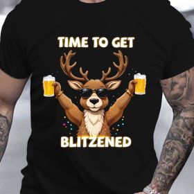 Men's Christmas Deer And Beer 3D Printed T-shirt - Casual Round Neck Short Sleeve, Breathable Polyester Fiber Summer Top (Color: Black, size: 4XL)