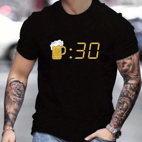 Beer Patterned Printed Men's Comfortable And Chic T-shirt, Patterned T-shirt For Men's Summer Outdoor Clothing, Men's Clothing, Men's Tops (Color: Black, size: XL)