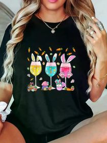 Easter Women'S T-Shirts Funny Wine Glasses Bunny With Egg Basket Spring Easter Women T-Shirt Print Women'S T-shirt (Color: Black, size: XL)
