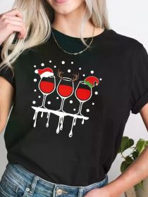 Christmas Red Wine Print T-Shirt, Short Sleeve Crew Neck Casual Top For Summer & Spring, Women'S Clothing Print Women'S T-Shirt (Color: Black, size: XXXL)