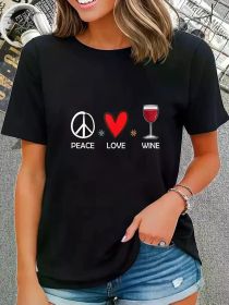 Peace and Love Wine Pattern T-Shirt - Humorous Fashion Black Short Sleeve Round Neck Top, White and Red Print, Casual Style (Color: Black, size: M)