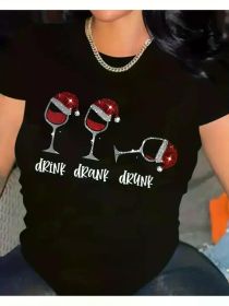 Ladies' Plus Size Holiday Christmas Wine Glass T-shirt, Short Sleeved, Round Neck, Elastic Knit, Polyester Fiber, Holiday (Color: Black, size: M)