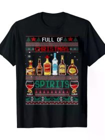 Men's 100% Cotton T-Shirt, 220g - Christmas Beer and Wine Themed Pajamas, Casual Round Neck Short Sleeve Top (Color: Black, size: M)