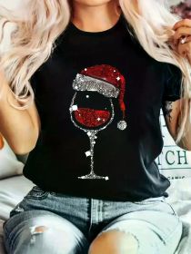 Christmas Hat & Red Wine Glass Print Fashion Casual Women'S T-Shirt, Medium Stretch Ladies Short-Sleeved (Color: Black, size: XL)