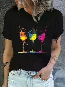Women's Vibrant Wine Glass Print T-Shirt - Casual Black Tee with Colorful Short Sleeves, Perfect for Spring & Summer (Color: Black, size: S)