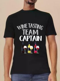 Men's Wine Tasting Team Graphic Cotton T-Shirt - Short Sleeve, Round Neck, Black with White Print (Color: Black, size: L)