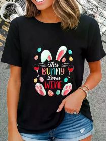 This Bunny Loves Wine Easter Party T-Shirt - Women's & Men's Graphic Tee, Soft Casual Top with Festive Bunny Ears & Colorful Easter Egg Design, (Color: Black, size: L)