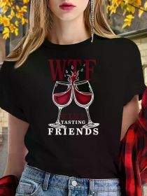 Teediy W T F WINE TASTING FRIENDS Teediy Women'S Pure T-Shirt with Comfortable Fit (Color: Black, size: L)