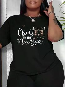 Plus Size Women's Casual T-Shirt - "Cheers to the New Year" Wine Glass & Letter Print, Short Sleeve Crew Neck, Breathable Rayon Blend (Color: Black, size: XXXL)