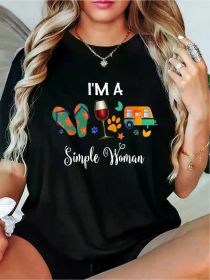 Women's 'I Am A Simple Woman' Graphic Tee - Soft Rayon Blend, Crew Neck, Short Sleeve, Casual & Sporty Style with Flip-Flops, Wine Glasses (Color: Black, size: XXXL)