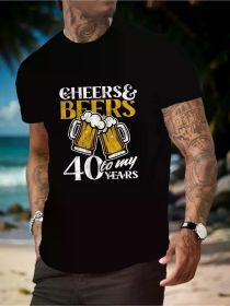 40th Birthday Celebration Cheers & Beer Men'S Short Sleeve T-Shirt - Polyester, Geometric Design, Machine Washable, Casual - Perfect for Summer (Color: Black, size: L)