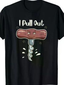Funny 'I Pull Out' Wine Corkscrew Meme T-Shirt - Cotton Tee with Playful Meat & Chains Design, Black Casual Round Neck T-Shirt for Men and Women (Color: Black, size: M)