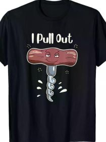Funny 'I Pull Out' Wine Corkscrew Meme T-Shirt - Cotton Tee with Playful Meat & Chains Design, Black Casual Round Neck T-Shirt for Men and Women (Color: Black, size: XL)