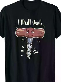Funny 'I Pull Out' Wine Corkscrew Meme T-Shirt - Cotton Tee with Playful Meat & Chains Design, Black Casual Round Neck T-Shirt for Men and Women (Color: Black, size: S)