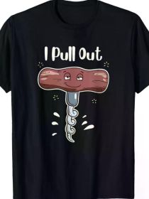 Funny 'I Pull Out' Wine Corkscrew Meme T-Shirt - Cotton Tee with Playful Meat & Chains Design, Black Casual Round Neck T-Shirt for Men and Women (Color: Black, size: XXL)