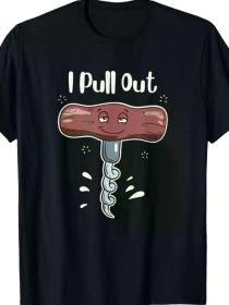 Funny 'I Pull Out' Wine Corkscrew Meme T-Shirt - Cotton Tee with Playful Meat & Chains Design, Black Casual Round Neck T-Shirt for Men and Women (Color: Black, size: L)