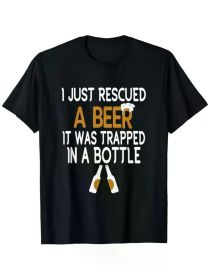 Funny 'I Just Rescued a Beer' Graphic Men's T-Shirt - 100% Cotton, Short Sleeve Crew Neck, Black with White & Golden Print (Color: Black, size: M)