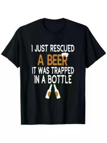 Funny 'I Just Rescued a Beer' Graphic Men's T-Shirt - 100% Cotton, Short Sleeve Crew Neck, Black with White & Golden Print (Color: Black, size: L)
