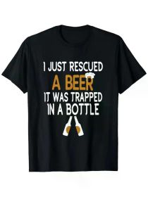 Funny 'I Just Rescued a Beer' Graphic Men's T-Shirt - 100% Cotton, Short Sleeve Crew Neck, Black with White & Golden Print (Color: Black, size: S)