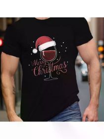 Wine Santa Merry Christmas Print Round Neck Comfortable Short-sleeve Shirt With New Men'S Fashion Pattern Print (Color: Black, size: XXL)