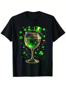 [Festive Fun] St. Patrick's Day Irish Shamrock Wine Glass Leprechaun Hat T-Shirt, 100% Cotton, Black (Color: Black, size: S)