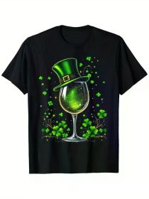 Casual Celebrations] St. Patrick's Day Irish Shamrock Wine Glass Leprechaun Hat Fun T-Shirt, (Color: Black, size: S)