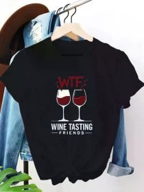 Wine Tasting Friends Graphic Tee - Women's Red T-Shirt with Fun Wine Glass Design, (Color: Black, size: XXXL)