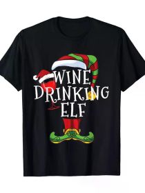 Wine Drinking Elf Lover Family Matching Christmas Funny T-Shirt 100%cotton (Color: Black, size: M)
