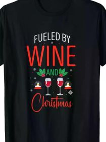 Fueled By Wine And Christmas Retro Wine Lover Present T-Shirt -100% Cotton 220gRegular-Fit, Comfortable & (Color: Black, size: M)